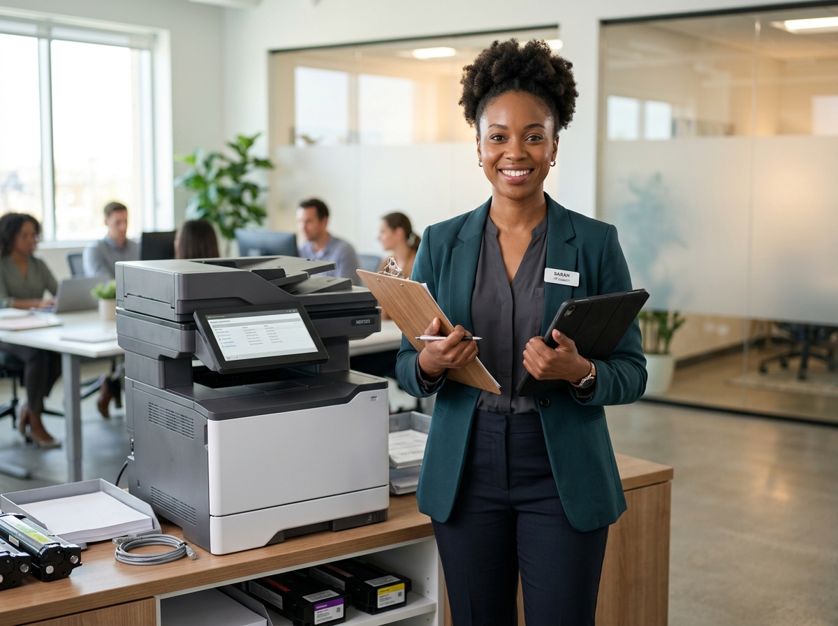 Professional Customer Assistance Specialist inspecting modern office printer setup